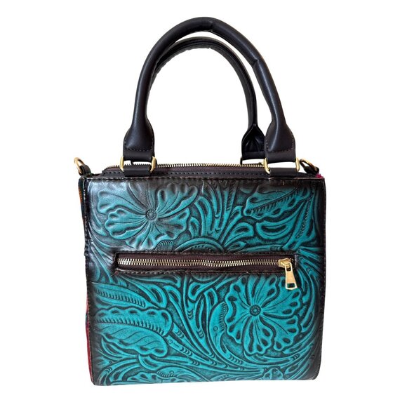 Tooled aqua with Floral tapestry embroidery crossbody shoulder satchel - Picture 6 of 10